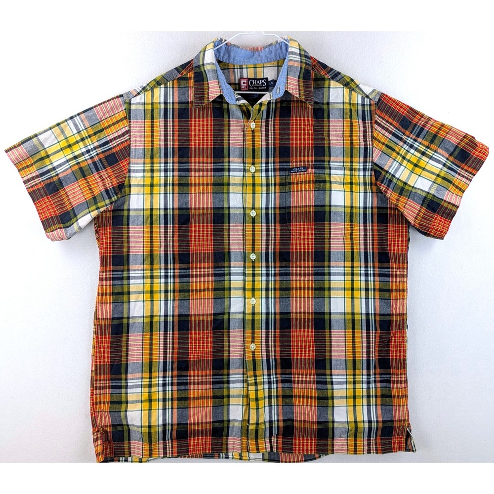 Vintage 90s Chaps Ralph Lauren Madras Plaid Shirt Mens L Short Sleeve Cotton
